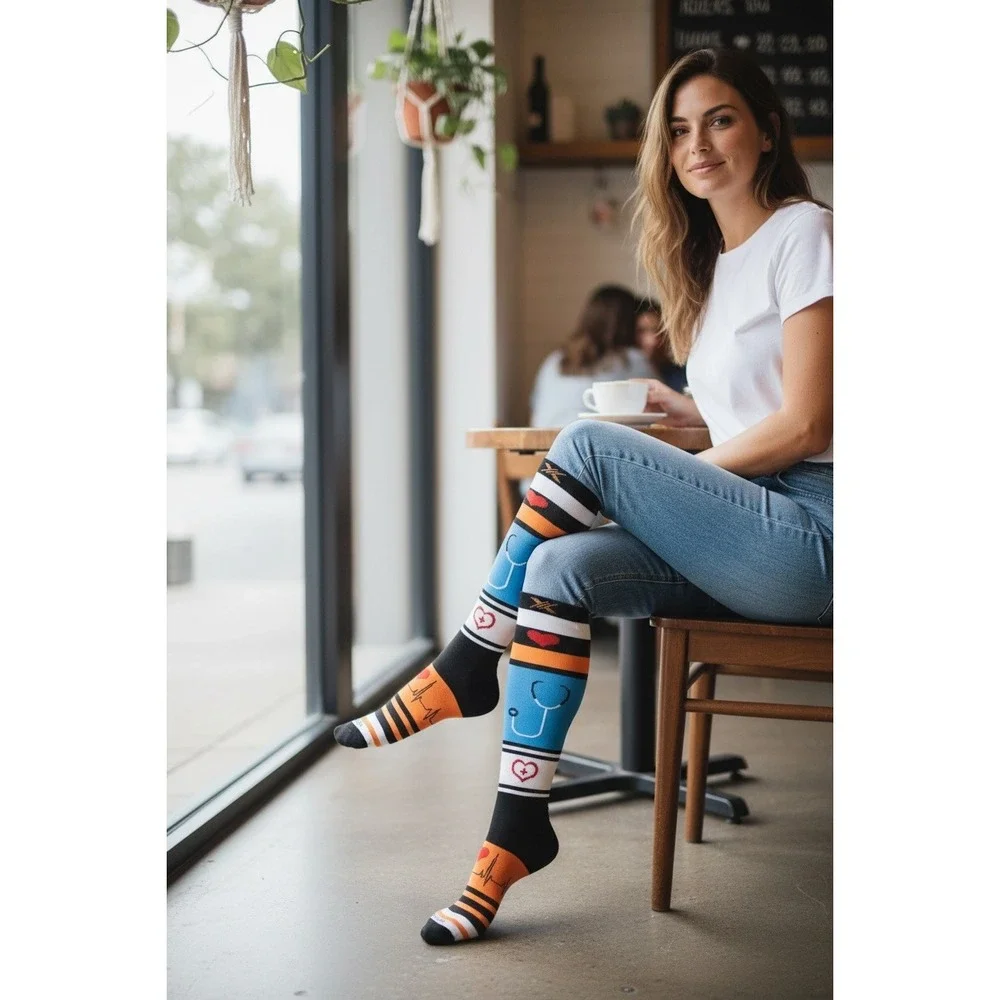 TheraR Compression Socks‎ Knee High Heart Stethoscope Nurse Doctor